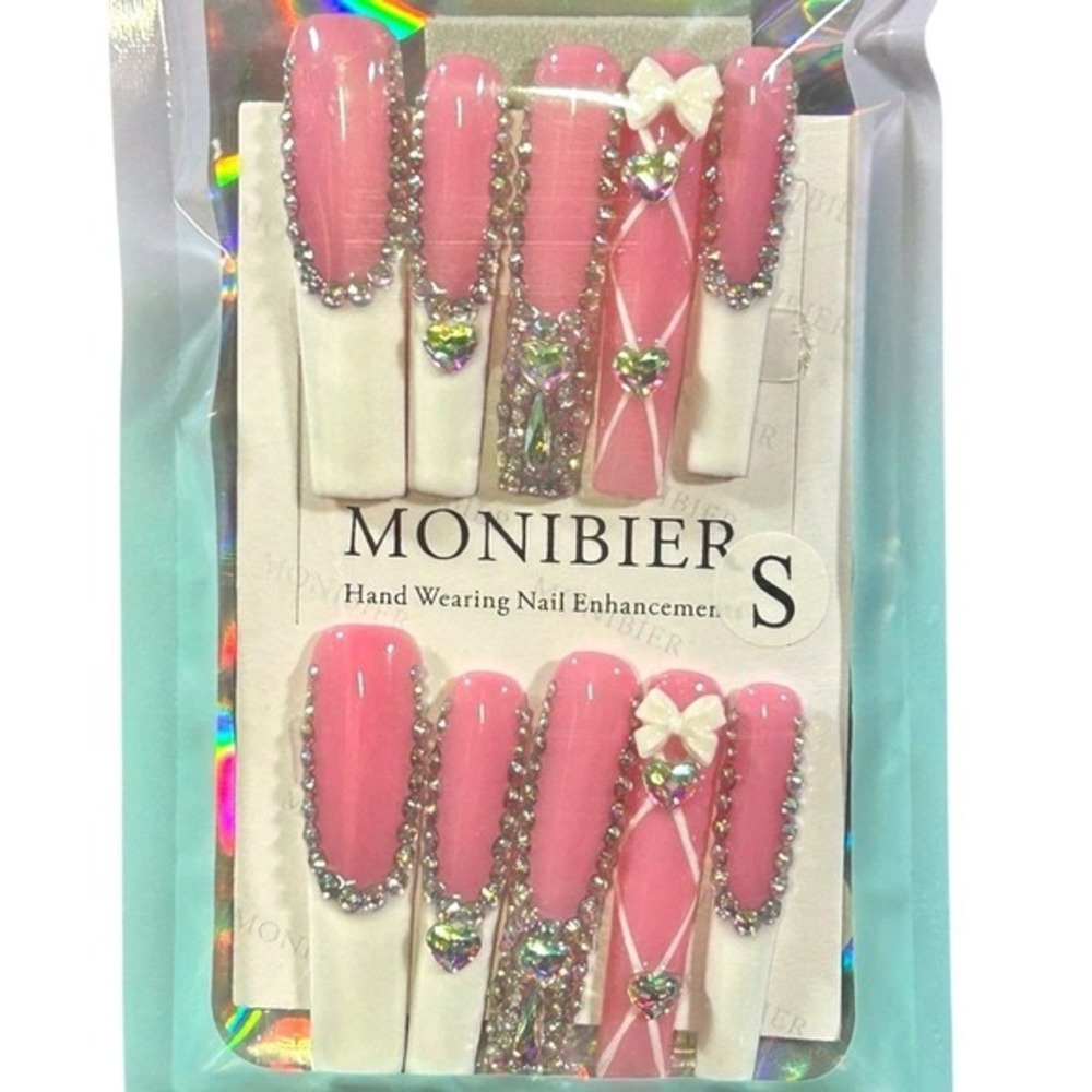 Pink Coquette Press On Nails 3D Rhinestone Bow Glam Soft Girl Y2K Aesthetic Long